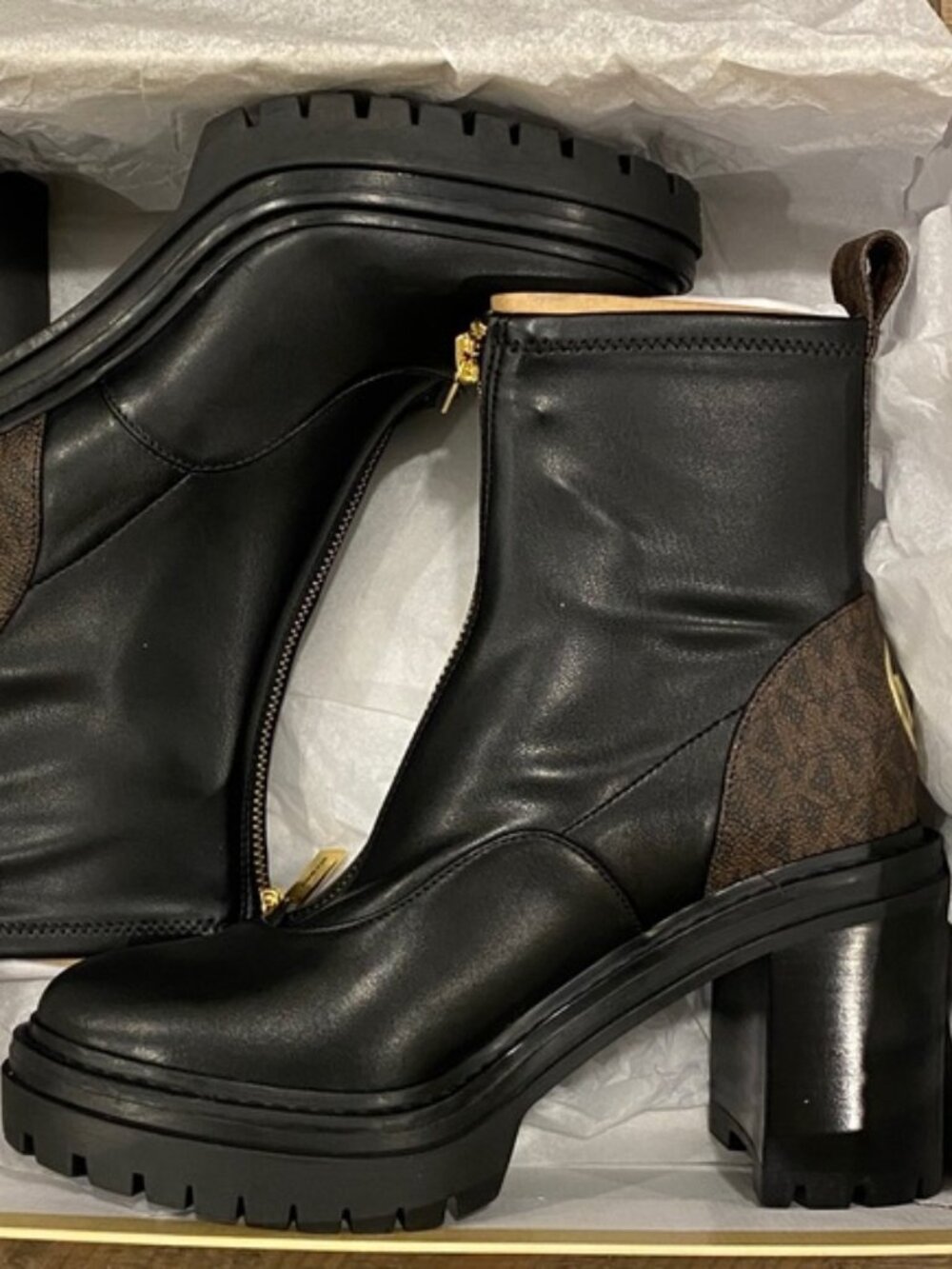 Michael Kors Cyrus MK Logo Black Bootie Ankle Boots Shoes Heels Pumps NEW